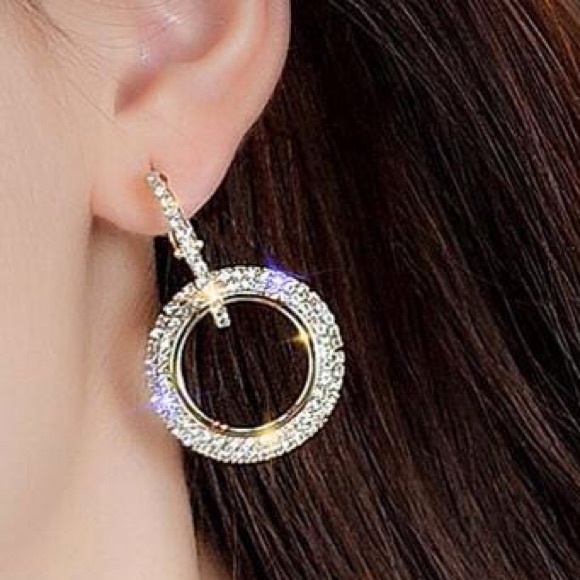 Round Silver and Gold Crystal Drop Hoop Earrings - Picture 7 of 7